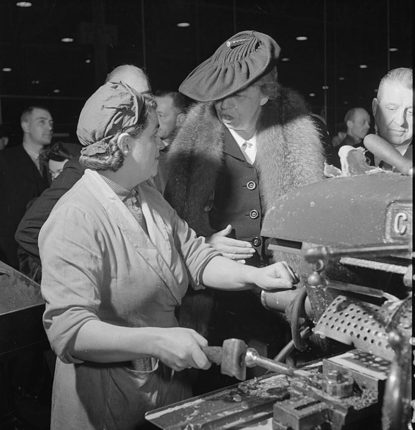Eleanor Roosevelt visits a female machine operator. November, 1942. 
Source: https://www.loc.gov/resource/ppmsca.01946/
